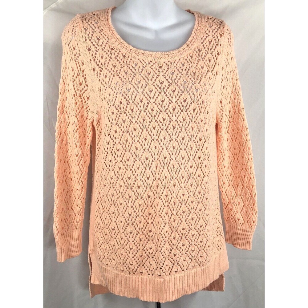 Crochet knit sweater S peach scoopneck long sleeve hi Lo cottage Coquette Y2K